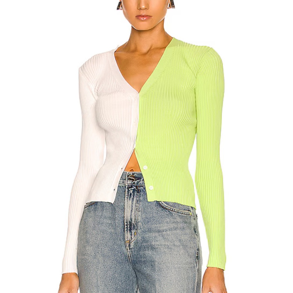 STAUD Color-Block White and Green Cardigan